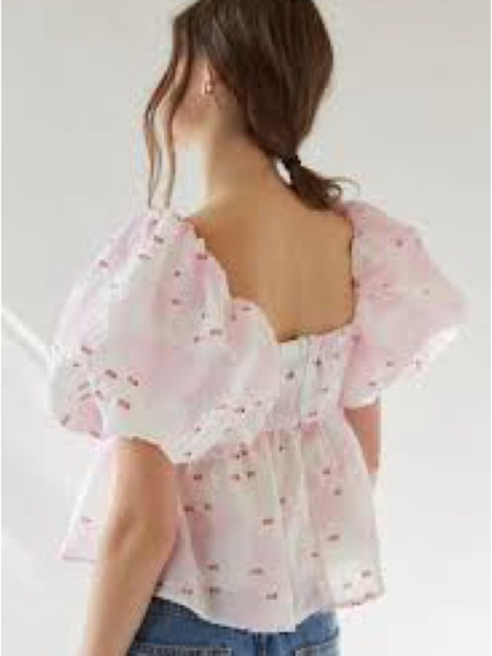 UrbanOutfitters DREAM sister Jane Venus Pink Puff-Sleeve  Jacquard Blouse - Picture 2 of 11